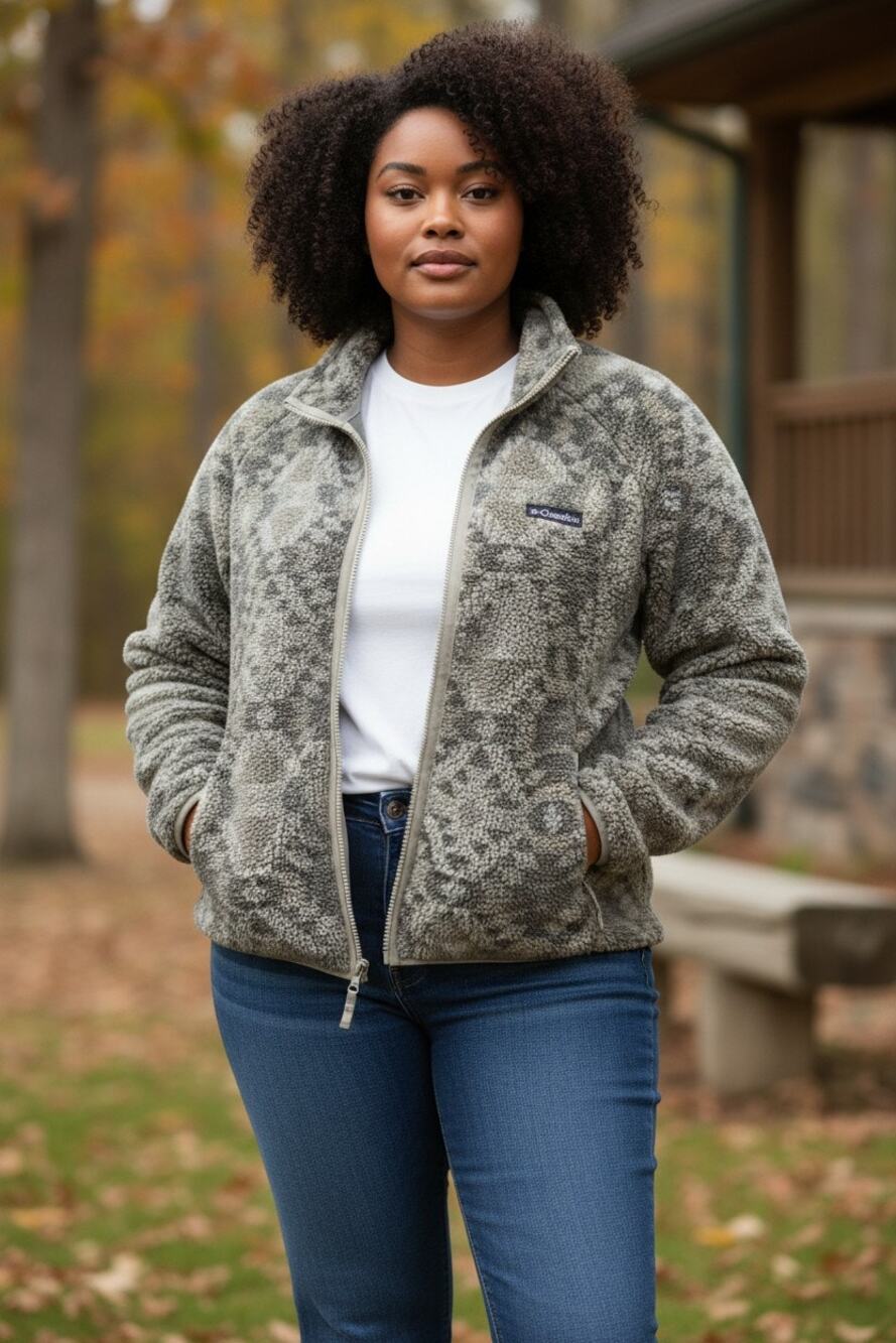 Columbia Fleece Zip Up Jacket Sweatshirt Plus Size 1X Cozy Geometric Gray Brown